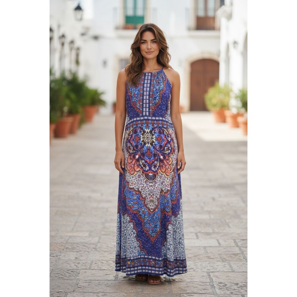 Sandra Darren Multi Colored Floral Sleeveless Maxi Dress Rhinestone Collared 14